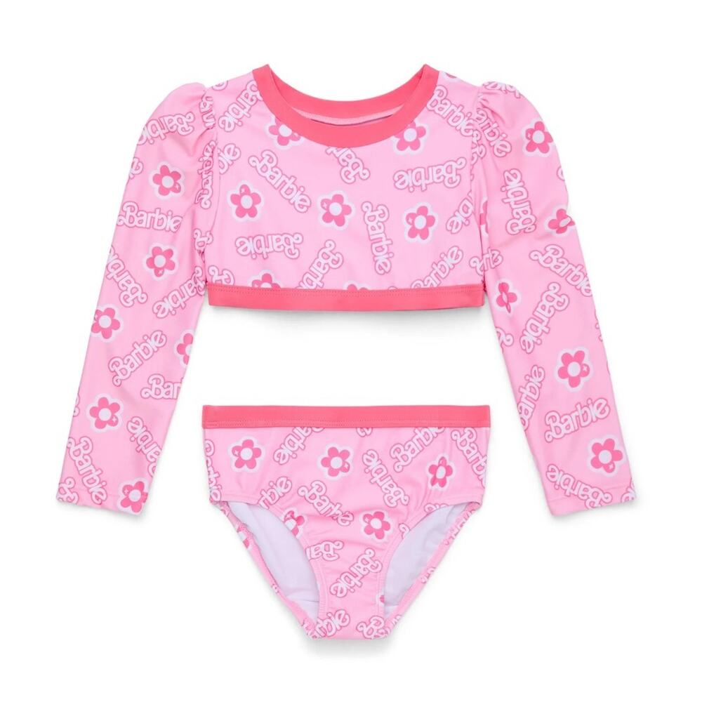Barbie Toddler Girls Pink Long Sleeve Bikini Swimsuit 2-Piece UPF 50+ Size 3T